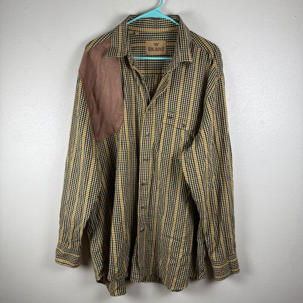 King Ranch Mens XL Cotton Shooting Shirt Plaid Check Shoulder Elbow Patch Yellow